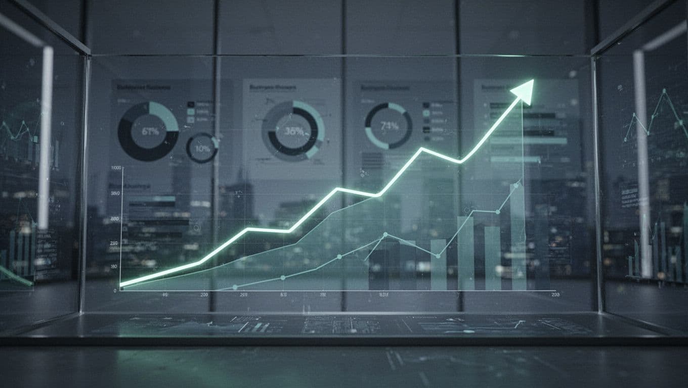 Upward trending graph on digital dashboard shows improved ad audience match rates with subtle background metrics.