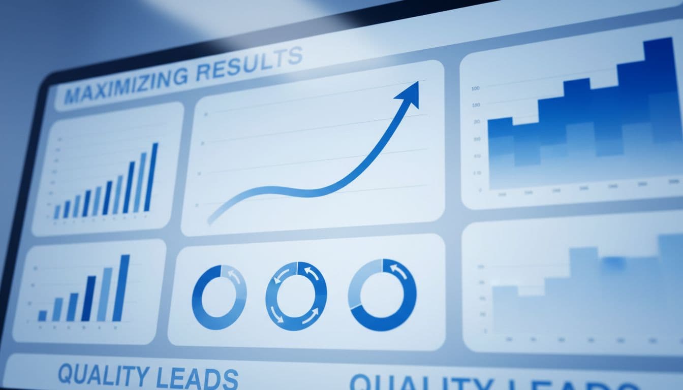 Close-up of modern digital dashboard with upward-trending charts and graphs in blue and white.