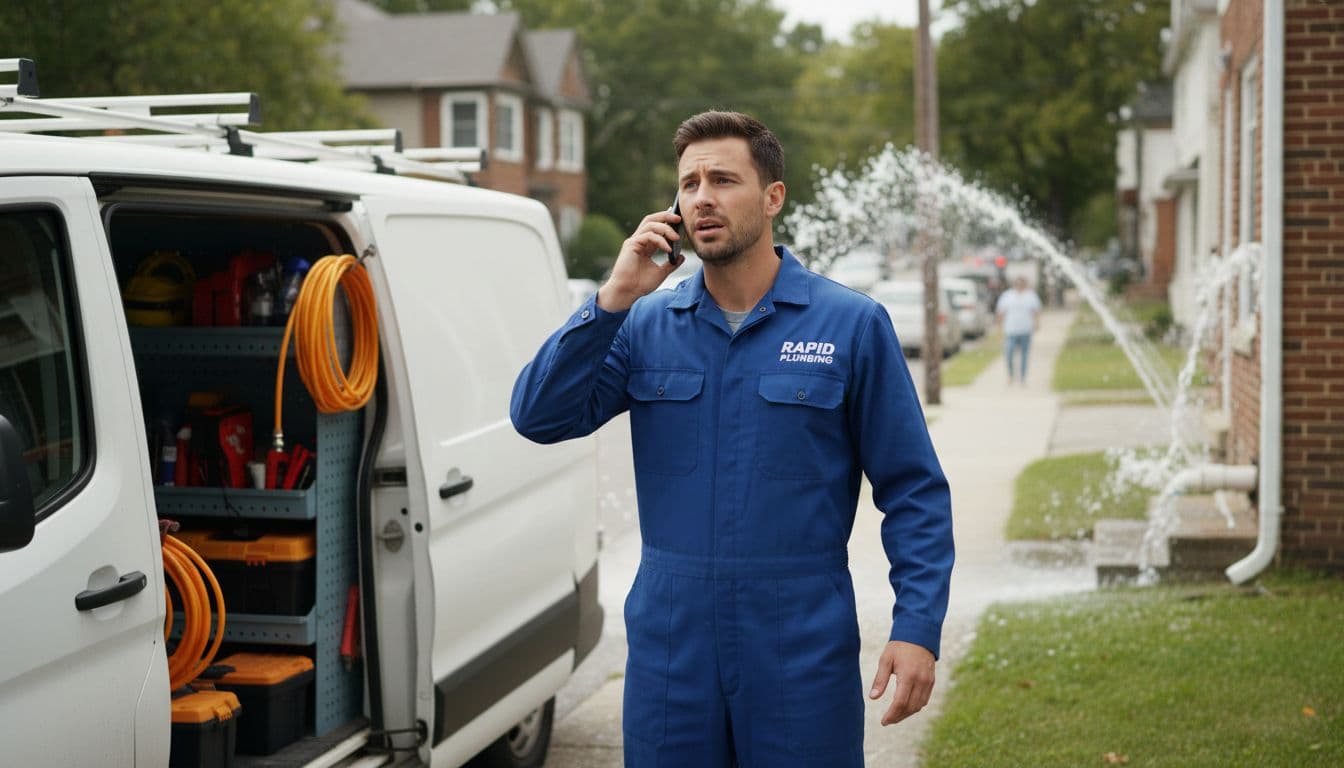 Plumber in work uniform stands next to service van loaded with tools, holding phone to ear with urgent expression, leaking pipe visible at nearby house on busy suburban street in daylight.