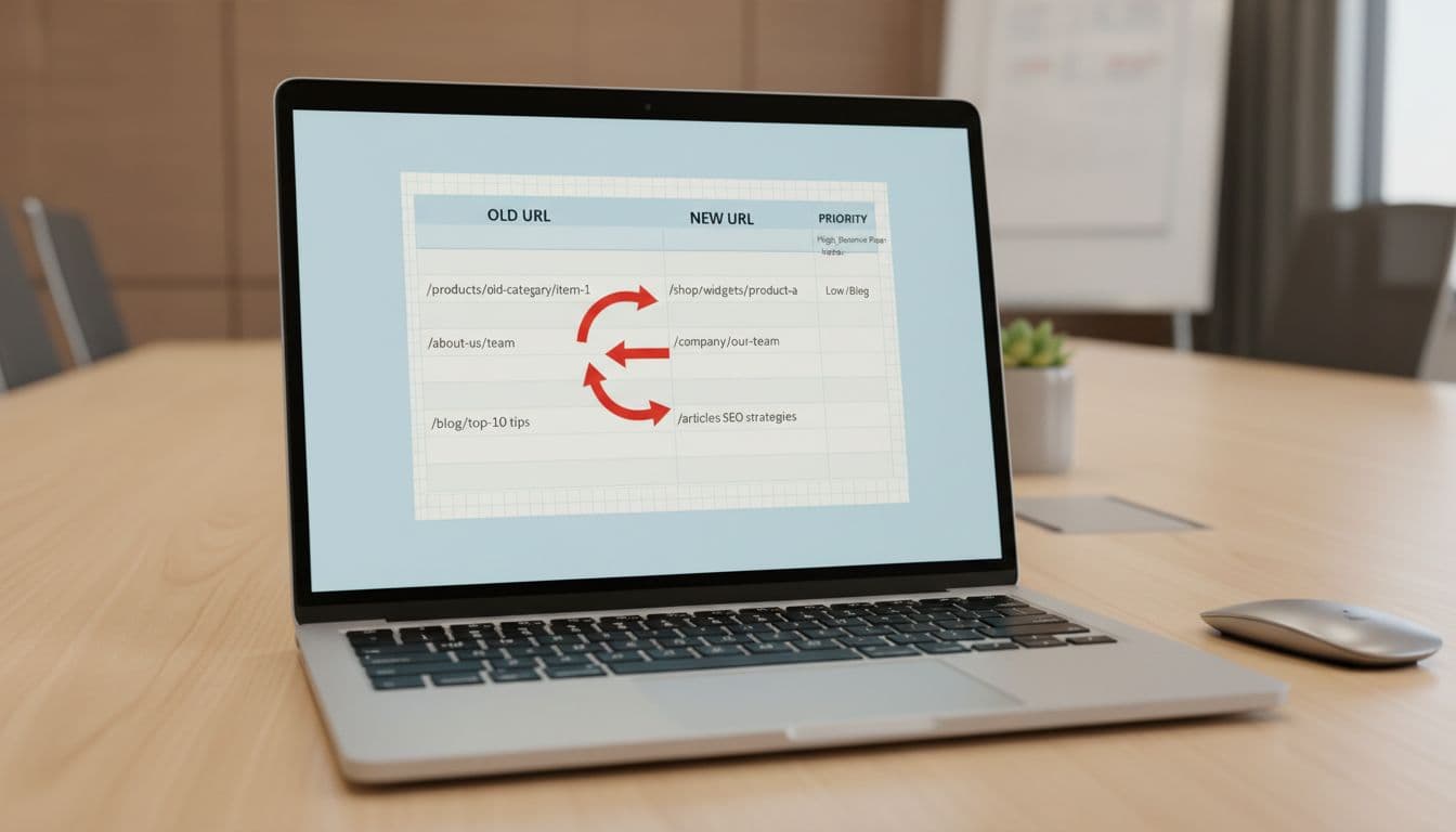 Realistic laptop screen displaying a spreadsheet mapping old to new URLs for website migration, featuring redirect arrows between columns and notes on priority pages, on a clean conference room desk with soft lighting.
