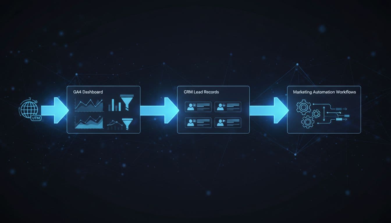 Data flow diagram from UTM-tagged links entering GA4 dashboard, passing to CRM lead records, then to marketing automation workflows, with smooth attribution pipeline visualization in professional analytics aesthetic.