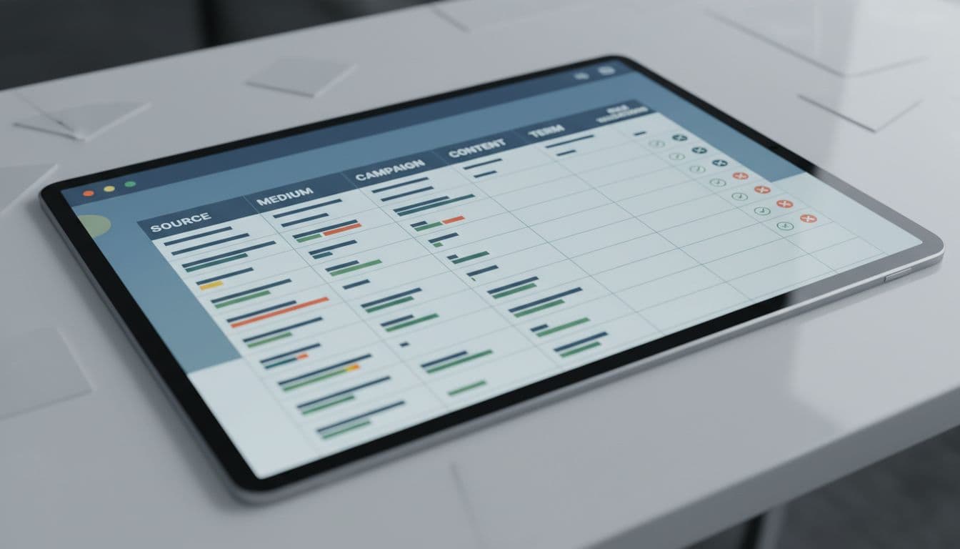 Editable spreadsheet template displaying UTM governance structure with columns for source, medium, campaign, content, term, and rule validations in a professional B2B marketing ops aesthetic. Overhead view on a digital desk with soft focused lighting, single focused element, no distractions, no people, no readable text.