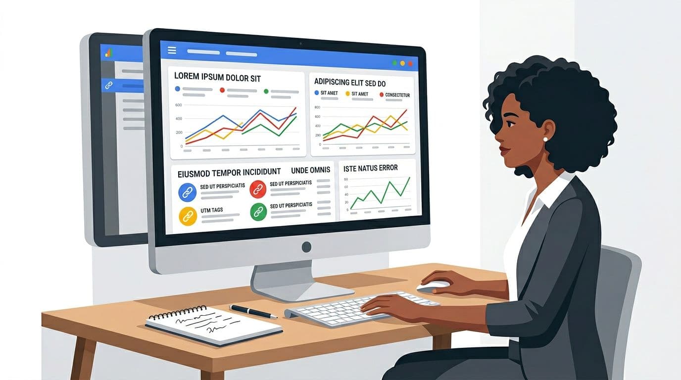 Clean modern flat-vector illustration of an analytics dashboard with line charts, link icons, and UTM tags on a computer screen at a desk with notebook and one diverse marketer, using Google color palette on neutral background with high contrast and soft shadows.