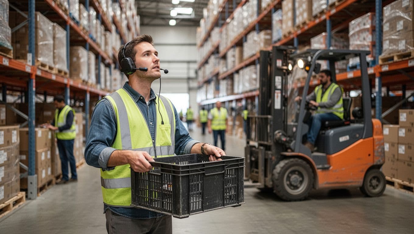 A single warehouse worker in a hands-free headset for voice picking holds a tote bin with both hands, eyes forward and alert to a forklift approaching from the side in a busy warehouse aisle with blurred shelves and workers.