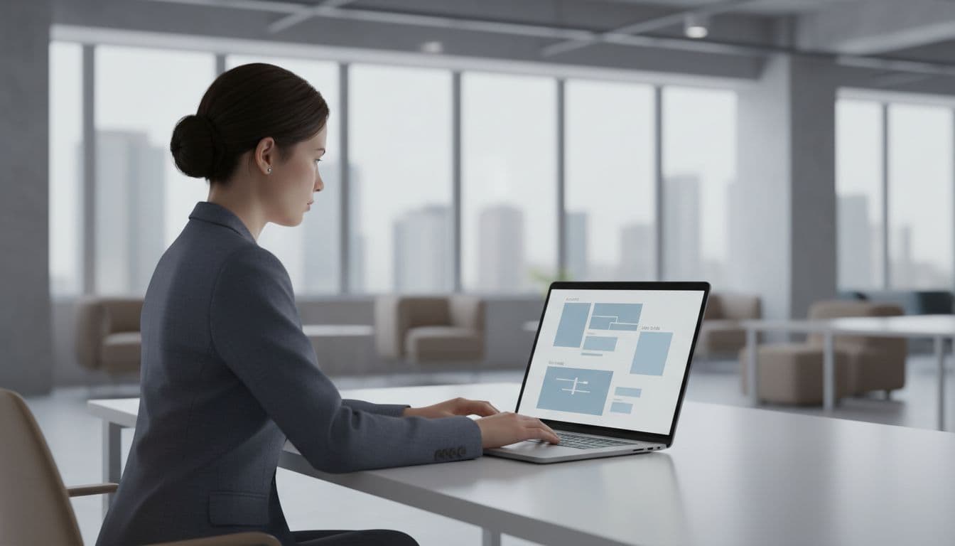 A warehouse administrator sits at a desk in a modern office, configuring client setup templates for accounts, warehouses, and user roles on an angled laptop screen, with clean professional lighting and realistic style.