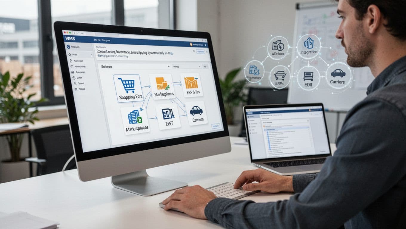 Warehouse administrator in modern office connects WMS software to shopping carts, marketplaces, ERPs, EDI, and carriers on angled computer screen, laptop nearby with subtle integration icons.