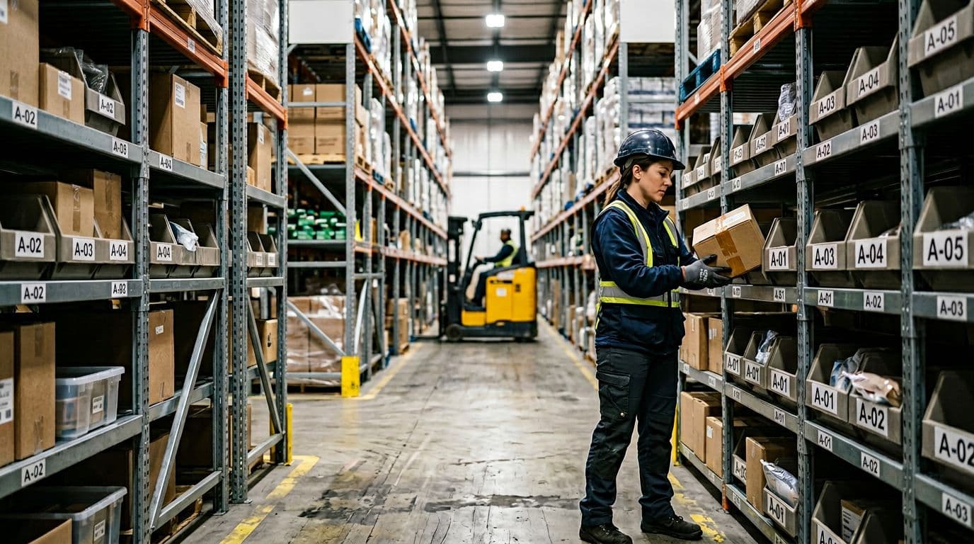 Photorealistic image of an organized warehouse aisle featuring clearly labeled bins and zones, a worker placing a box into bin A-01, a forklift in the distance, and soft overhead lighting in an industrial setting.