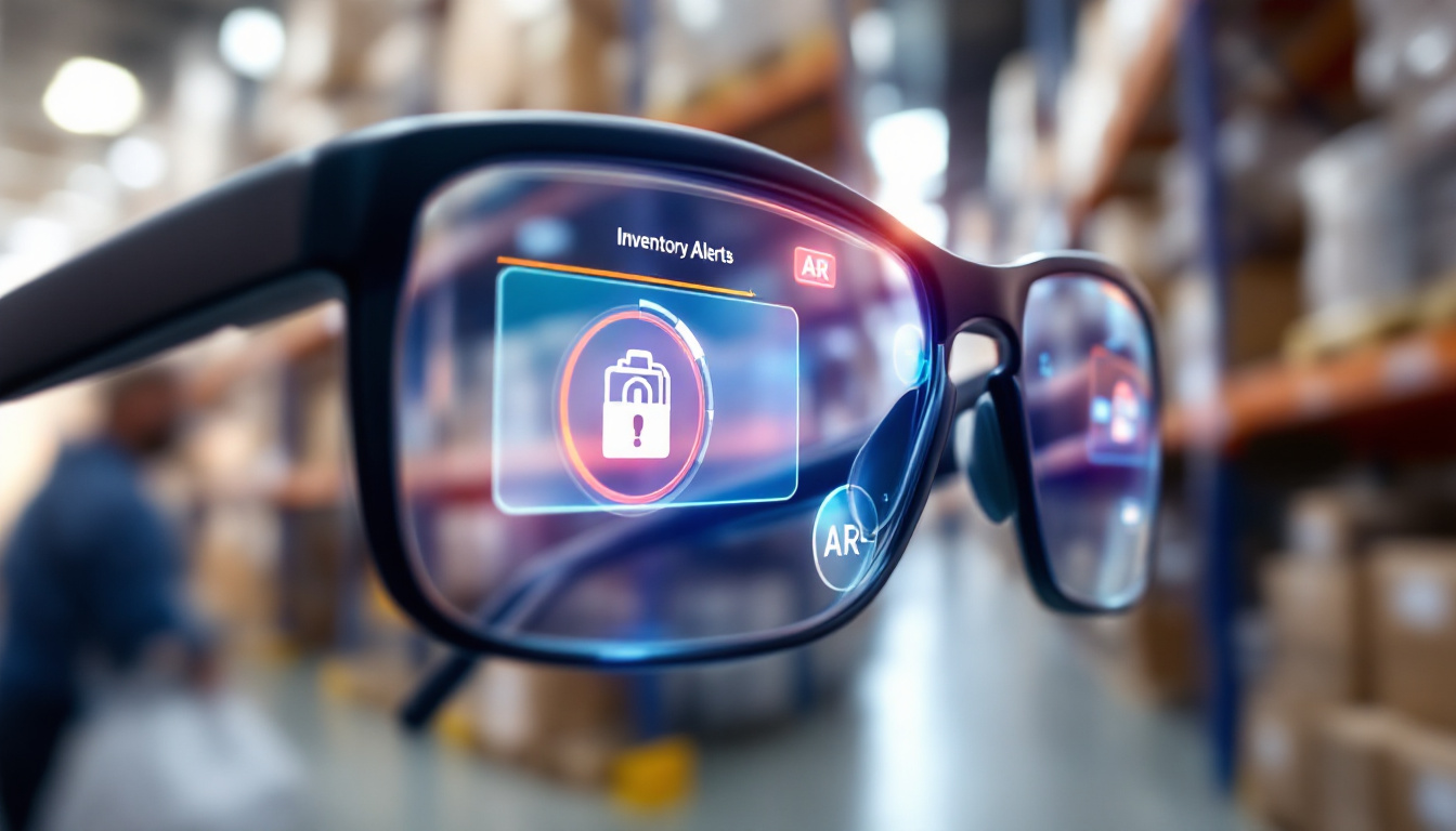 Photo-realistic close-up: AR glasses showing a highlighted bin and an inventory alert overlay, with a clean warehouse in the background. Image created with AI.