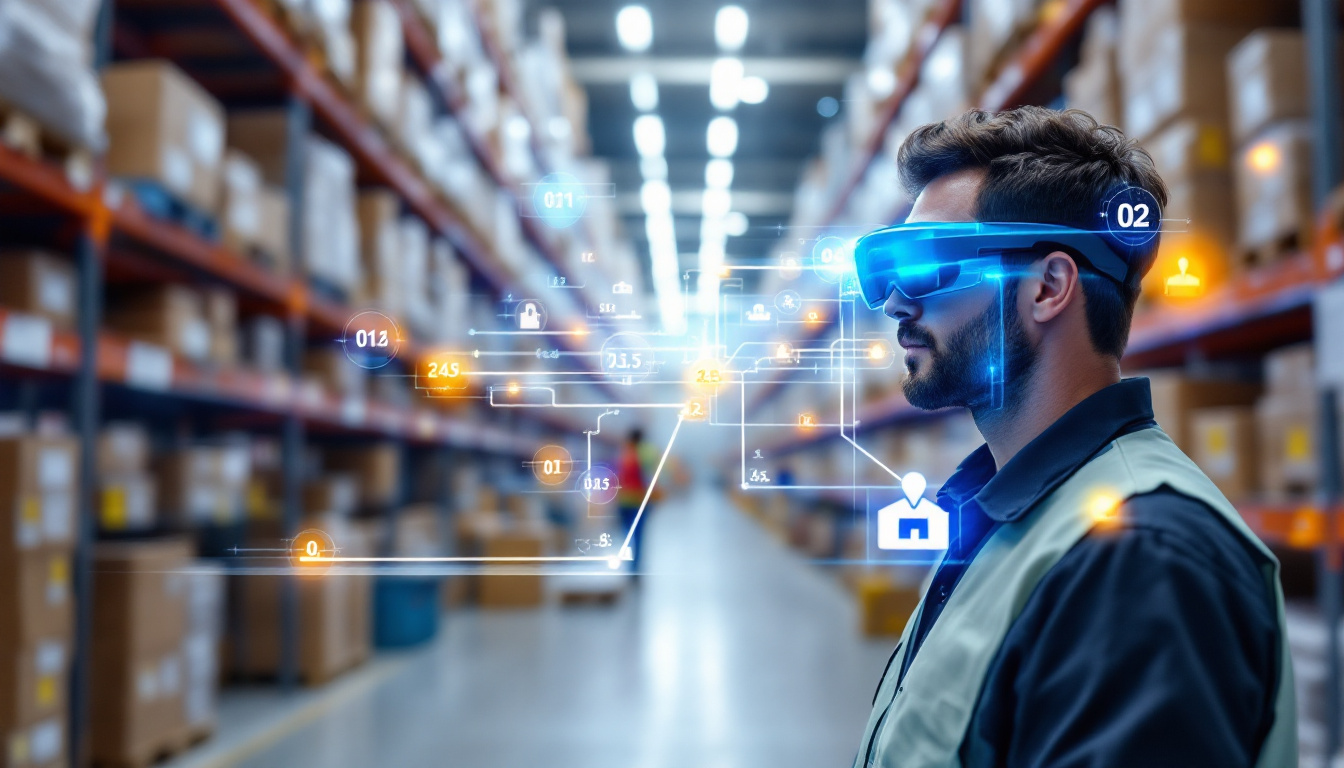 Warehouse worker using AR smart glasses for vision picking, with highlighted shelves, pick counts, and route overlays in a modern warehouse. Image created with AI.