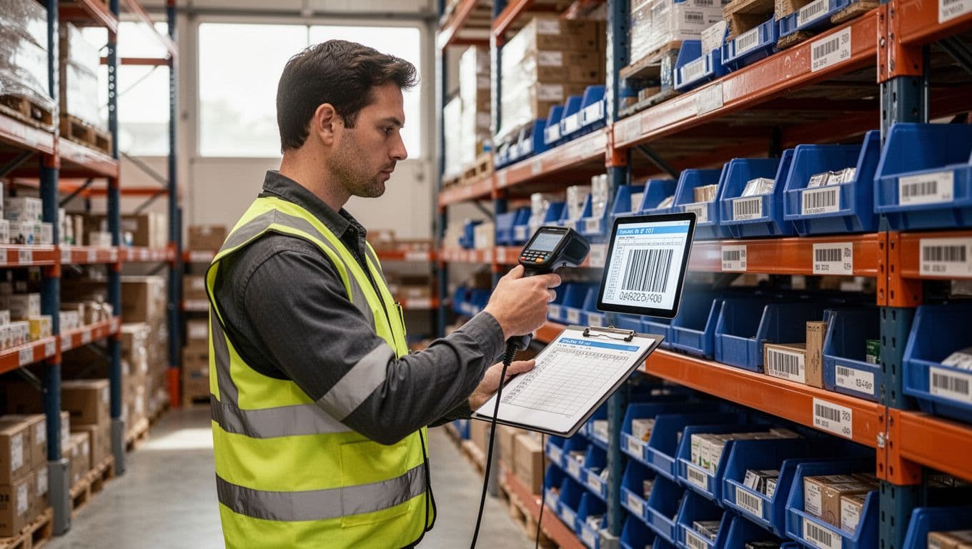 Photorealistic image of one warehouse associate in hi-vis gear scanning barcode on shelf bin with handheld device during cycle count, organized racks with products and natural warehouse daylight.