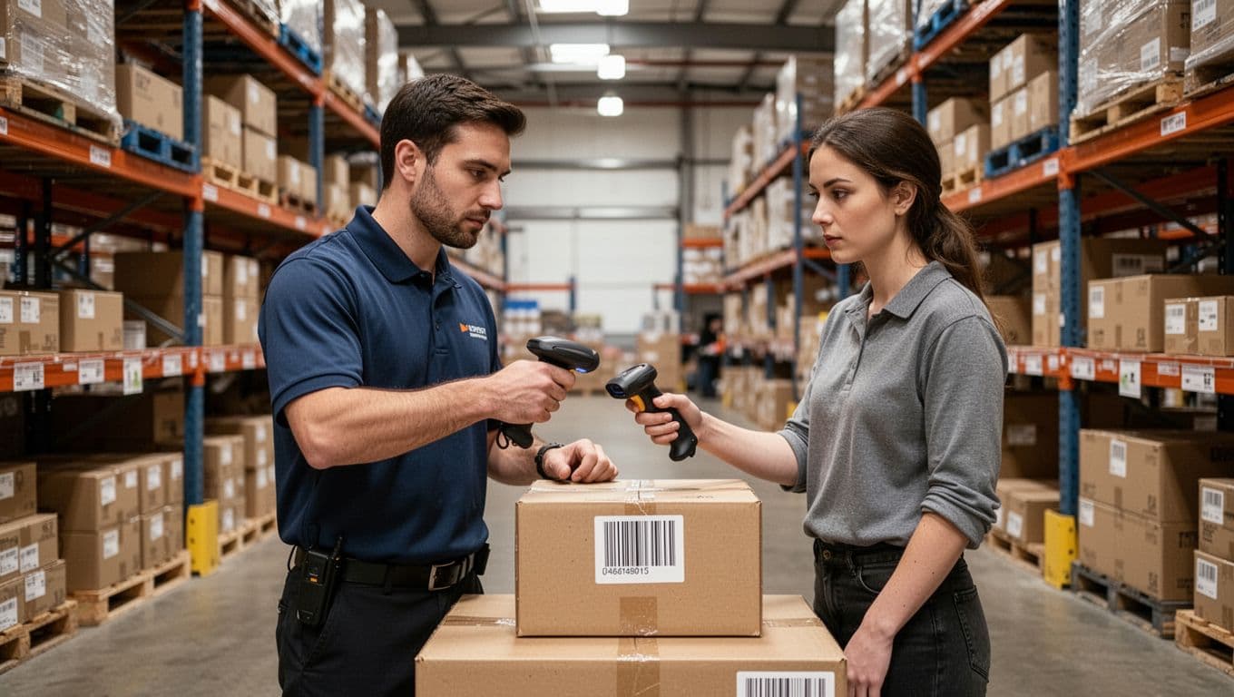 Photorealistic warehouse training scene with one trainer demonstrating barcode scanning to one attentive new hire using a handheld scanner on a box, relaxed grip, organized shelves and boxes in background, natural overhead lighting.