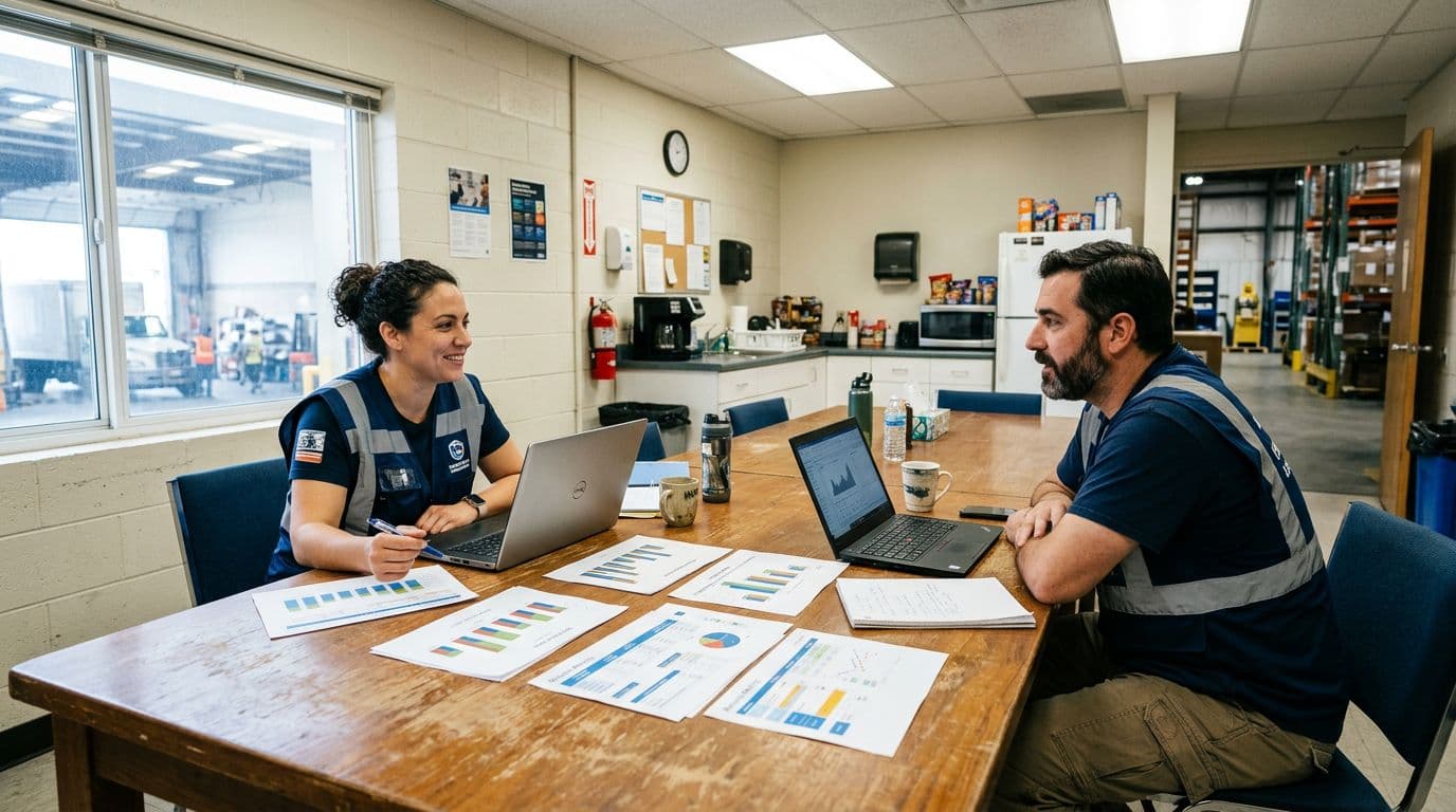 Photorealistic scene of two vested warehouse workers relaxed at a conference table with laptops and scattered charts on returns metrics, under bright overhead and window lights, wide landscape view.
