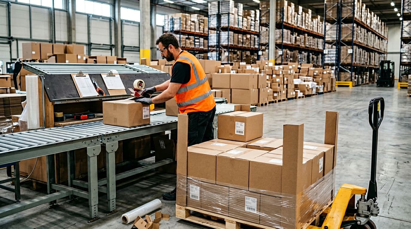 Photorealistic image of a warehouse case packing and palletizing station in high-volume packaging operation with exactly one operator checking case count accuracy, applying carton labels, taping case seals, building pallet with consistent pattern, and applying stretch wrap and corner boards for stability under natural lighting.