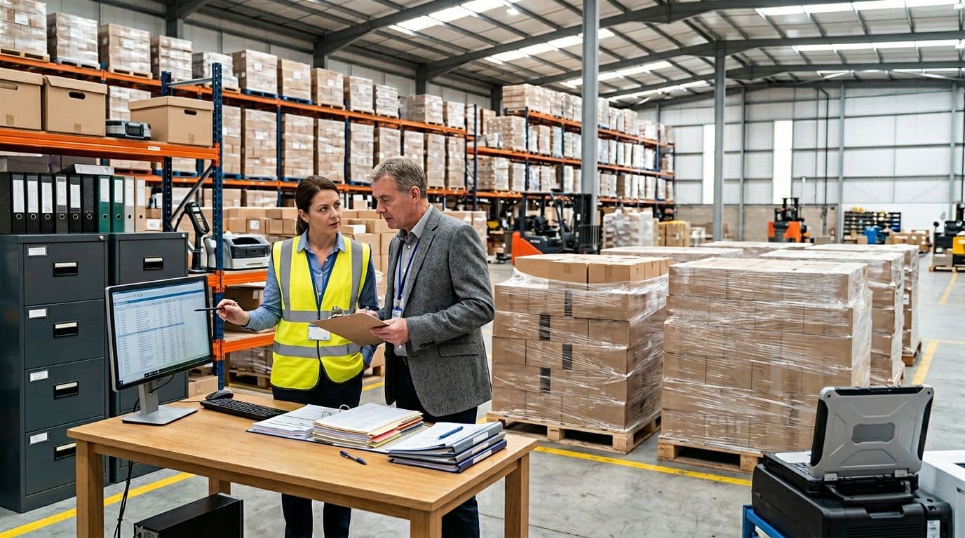 Photorealistic landscape view of a warehouse during a compliance audit, with two auditors in professional attire examining digital traceability records on a computer and paper batch records, alongside two co-packer staff in hi-vis vests pointing to pallets in an organized QC area.