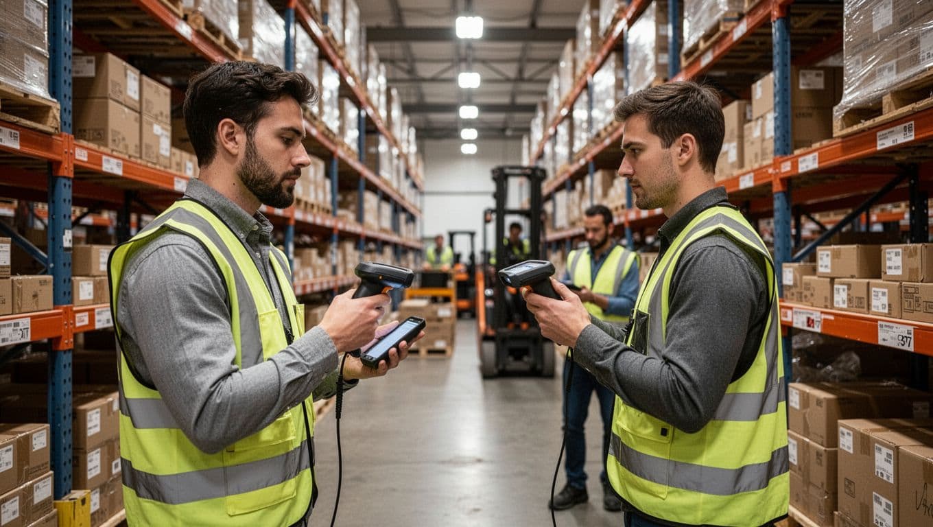 Photorealistic image of two warehouse workers performing cycle count in an active warehouse, one in foreground using scanner on shelves full of boxes, background showing operations under bright lights.