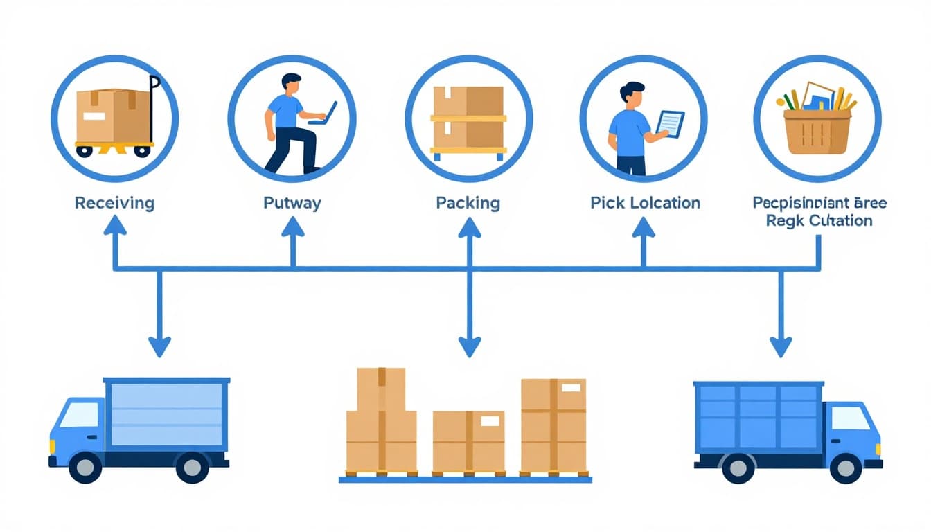 Horizontal flowchart diagram illustrating seven key warehouse workflow stages: receiving, putaway, replenishment, picking, packing, staging, and shipping, using simple icons connected by arrows in a clean modern blue and white style with no text, people, or extra elements. Designed to visualize cycle time breakdown for easier identification of delays.