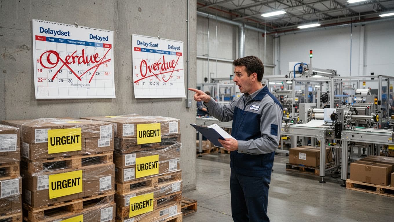 In a modern co-packing warehouse under even daylight lighting, stacks of delayed pallets bear urgent labels, a wall calendar is marked overdue in red, and a single frustrated manager points at a clipboard, illustrating production delays from poor forecasts. Realistic industrial landscape photograph with exactly one person, no text, logos, or watermarks.