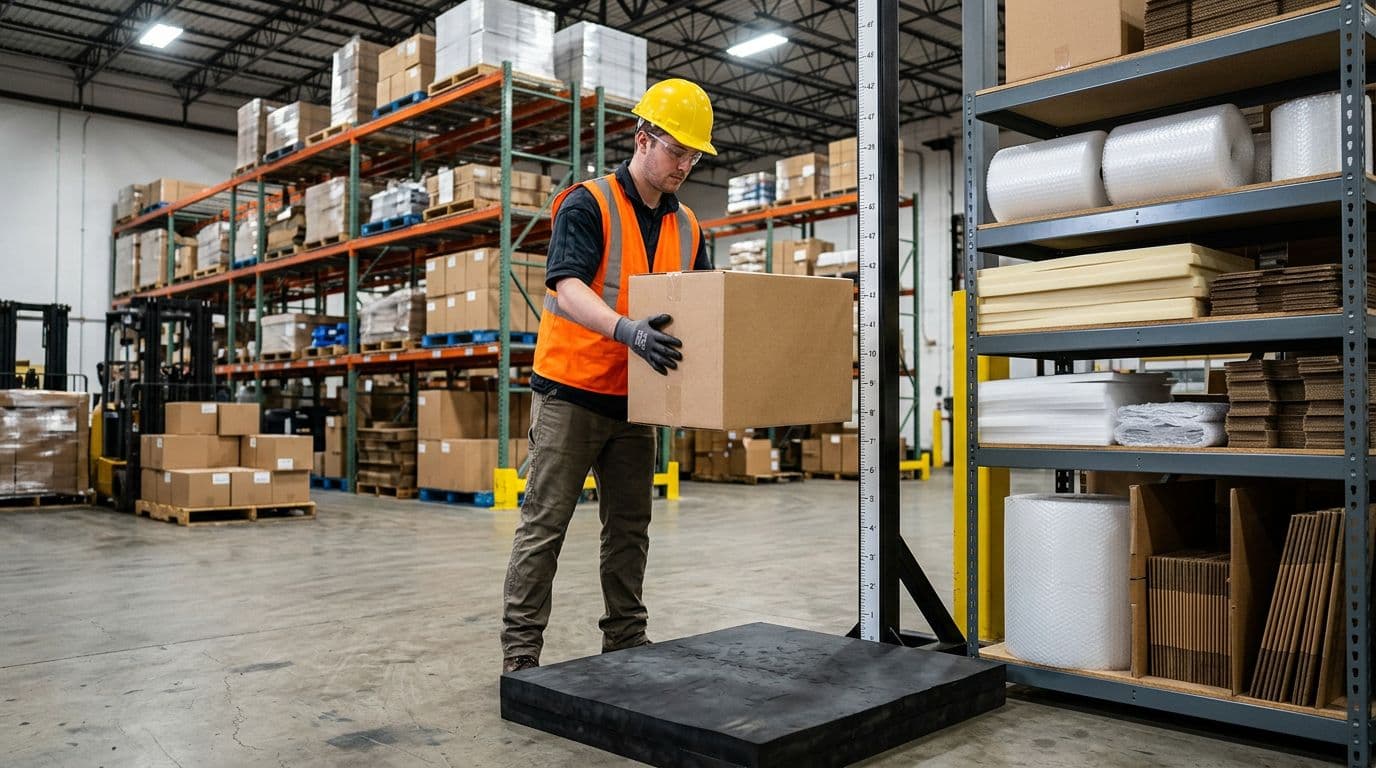 Photorealistic depiction of a worker in safety gear holding a packaged product box four feet above a padded surface for a drop resistance test in a modern warehouse. Nearby organized shelves hold protective materials like bubble wrap and foam under bright lighting, with focus on the test action.