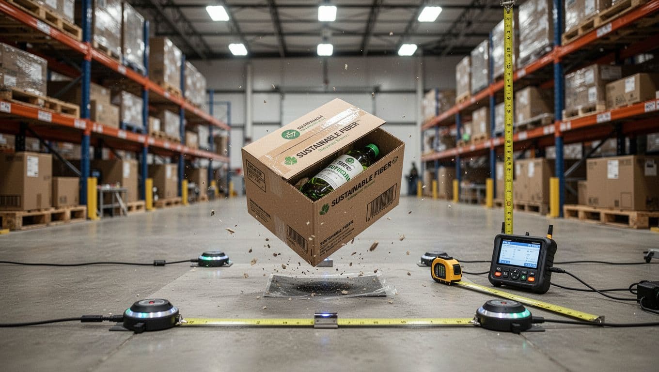 Photorealistic warehouse testing station capturing a 4-foot drop test of a sustainable fiber shipping box onto a sensor-padded concrete floor, with the box intact and product visible inside at the moment of impact.