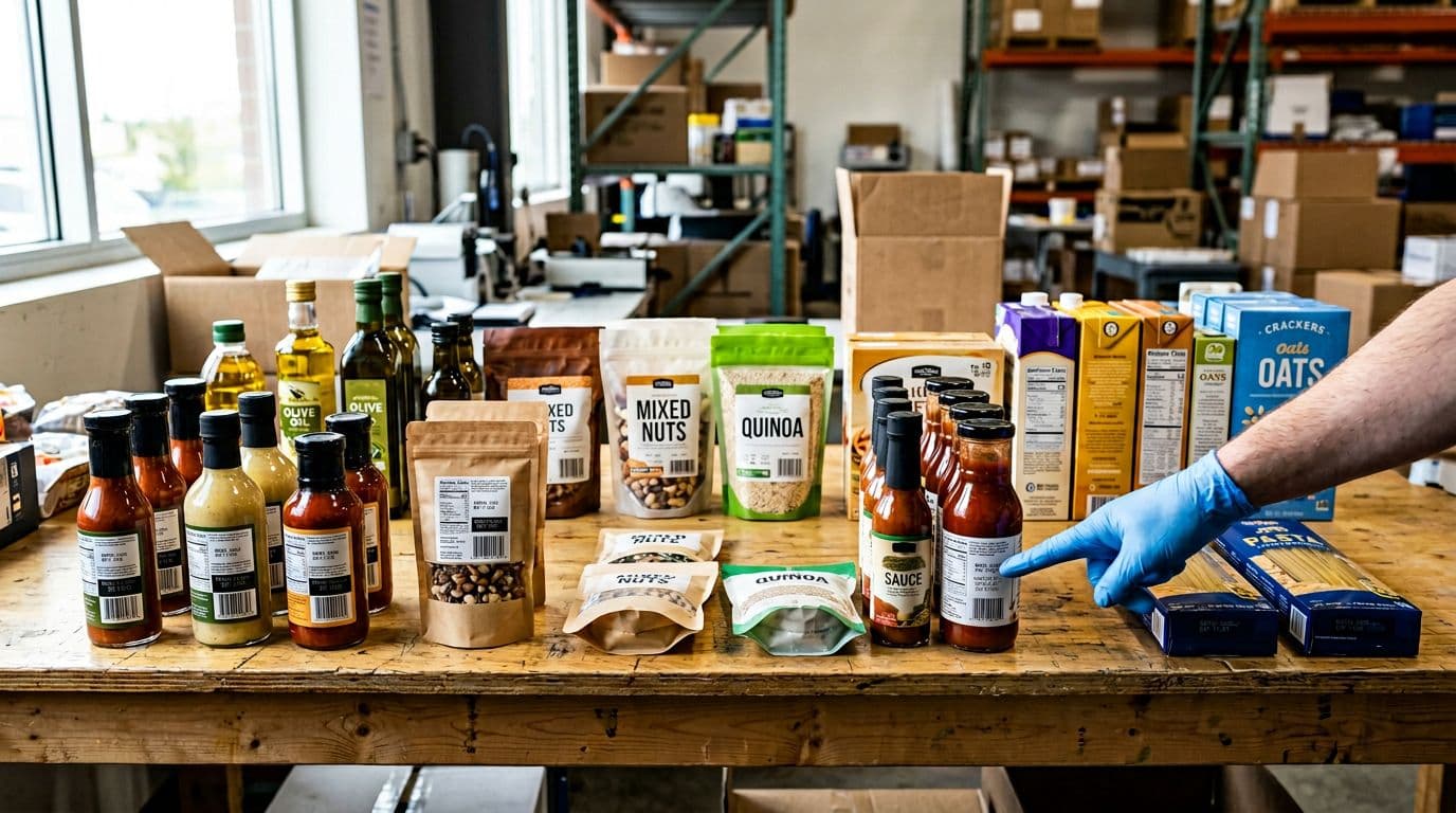 Photorealistic image of a warehouse inspection table with assorted food product packages like bottles, pouches, and cartons arranged neatly, featuring printed batch code areas with high contrast ink, and a single gloved hand pointing toward one label under natural daylight.