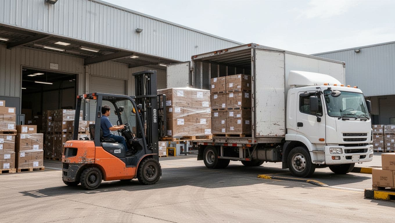 Exterior warehouse scene with a forklift loading pallets onto a truck for transportation at the shipping dock, highlighting efficient supply chain flow from packaging to outbound shipping in daylight.