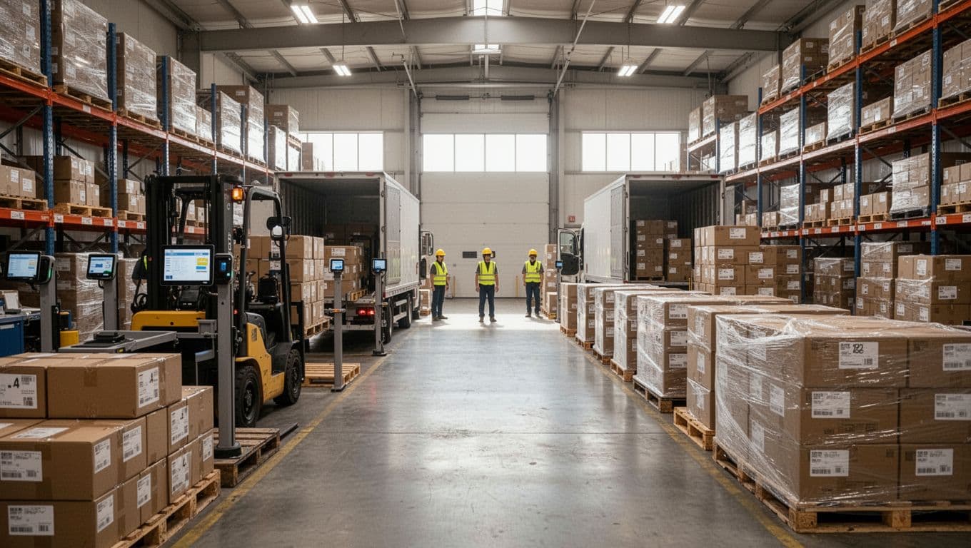 Photorealistic wide view of a warehouse fulfillment area with labeled packages being scanned and loaded onto trucks, neatly stacked pallets, natural daylight from windows, and exactly three distant small workers.