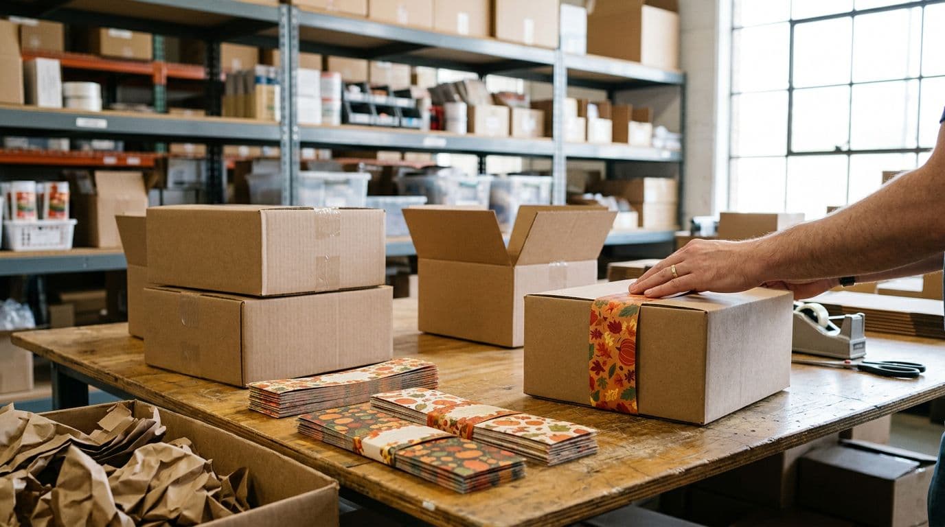 Photorealistic warehouse table with plain cardboard boxes, colorful seasonal sleeves and belly bands ready to slide on, pre-cut void fill nearby, and one relaxed hand placing a band on a box under bright natural light.