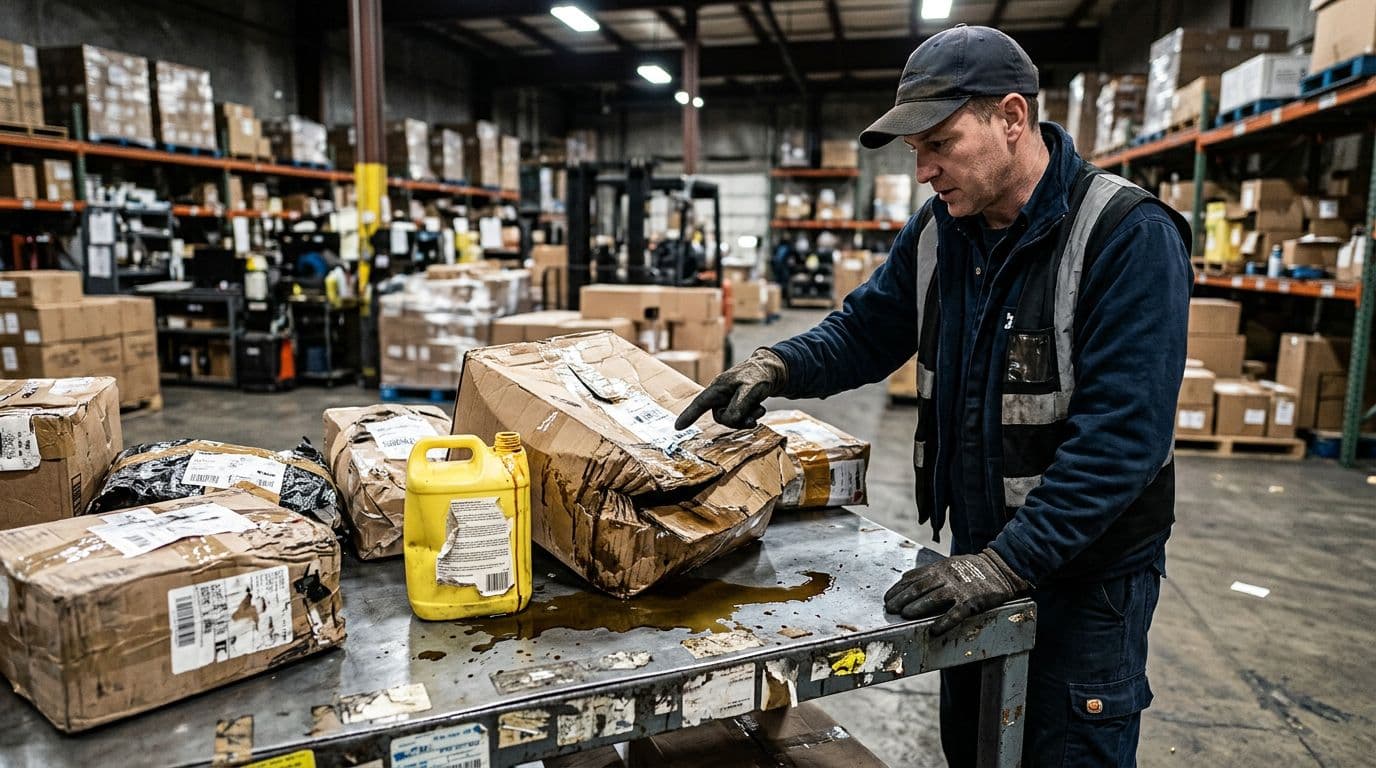 Photorealistic image of a warehouse inspection table featuring crushed cardboard boxes, a leaking liquid container with spill, scuffed and torn labels, and messy unopened parcels. One gloved worker points to the damage under bright overhead lights in an industrial setting.