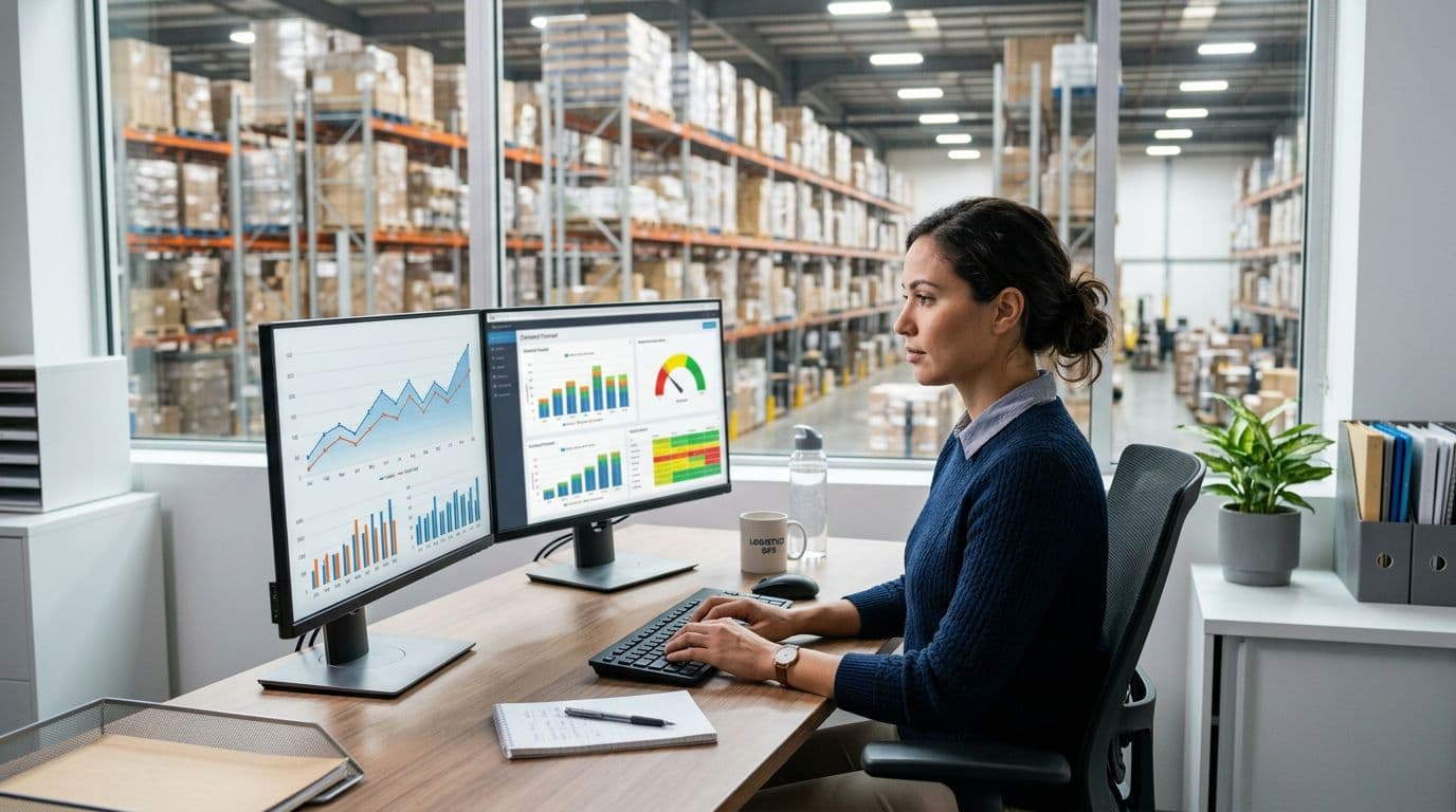 Photorealistic image of a single warehouse inventory analyst seated at a modern desk in a brightly lit office, viewing dual screens with sales trends, demand forecasts, and reorder dashboards, warehouse shelves visible through a window.