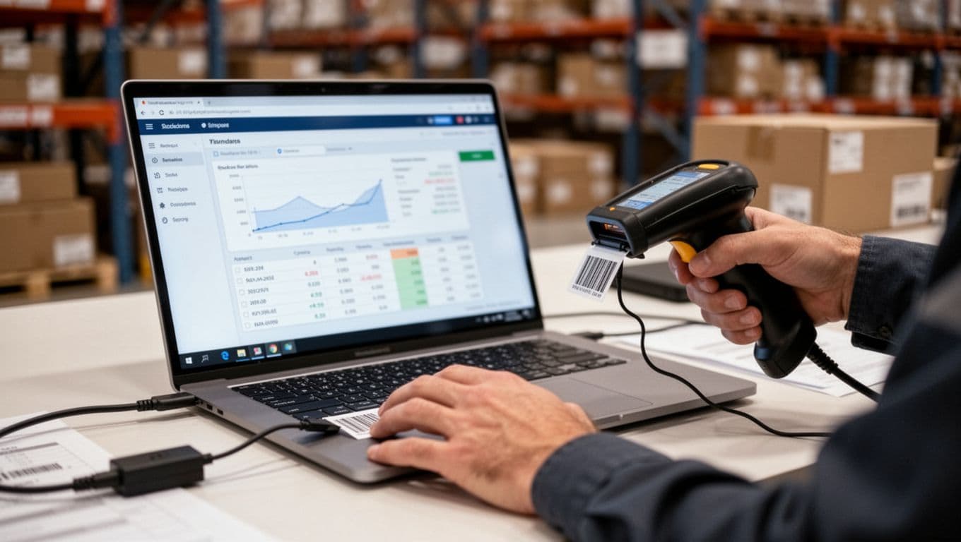 Photorealistic warehouse office desk shows a slightly angled laptop with blurred inventory software screen, a worker's hand resting near the keyboard inputting scan data, and a connected barcode scanner, with a subtle stock count graph in the background under soft lighting.