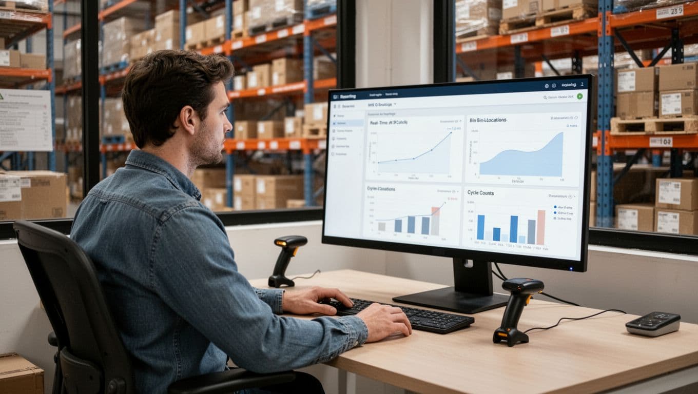 Photorealistic image of one inventory manager at a desk in a warehouse office, viewing IMS reporting dashboard on a large monitor with charts for stock, bin locations, and cycle counts, scanner on desk, shelves through window.