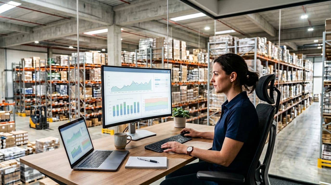 Photorealistic image of a warehouse inventory manager sitting at a modern desk in a brightly lit office overlooking warehouse shelves, focused on a computer screen displaying a replenishment dashboard with charts for reorder points, safety stock levels, min-max graphs, and demand forecasts.