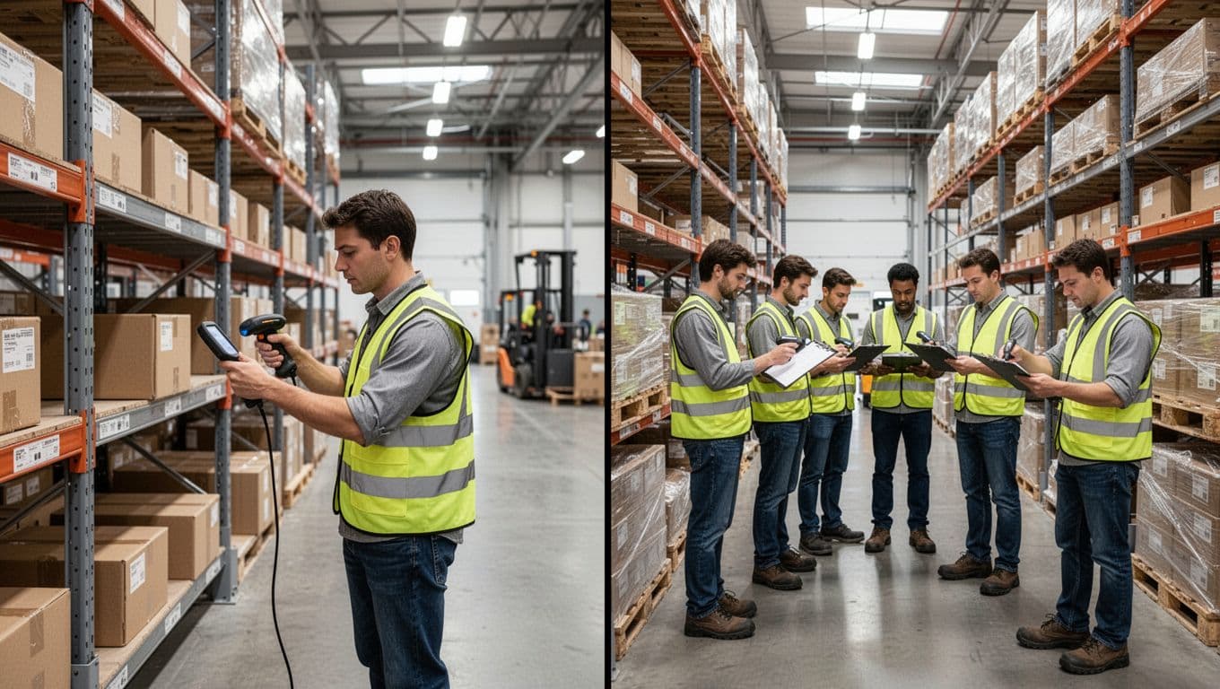 Photorealistic split scene in a modern warehouse: left side shows one worker cycle counting boxes during normal operations; right side depicts six workers conducting full inventory during shutdown with empty aisles.