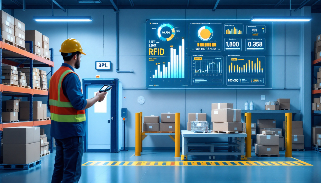 Warehouse worker uses a barcode scanner to track inventory in real time within a high-tech, organized 3PL facility. A digital dashboard in the background displays live stock updates. Image created with AI.