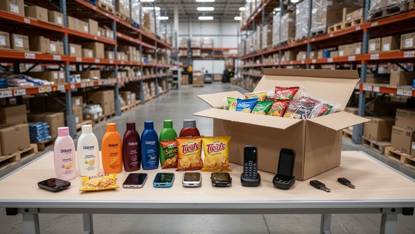 Photorealistic image of a kitting assembly station in a warehouse featuring small consumer products such as shampoo bottles, snack packets, and gadgets arranged neatly on a table next to an open box ready for bundling, with organized shelves in the background and consistent warehouse lighting.