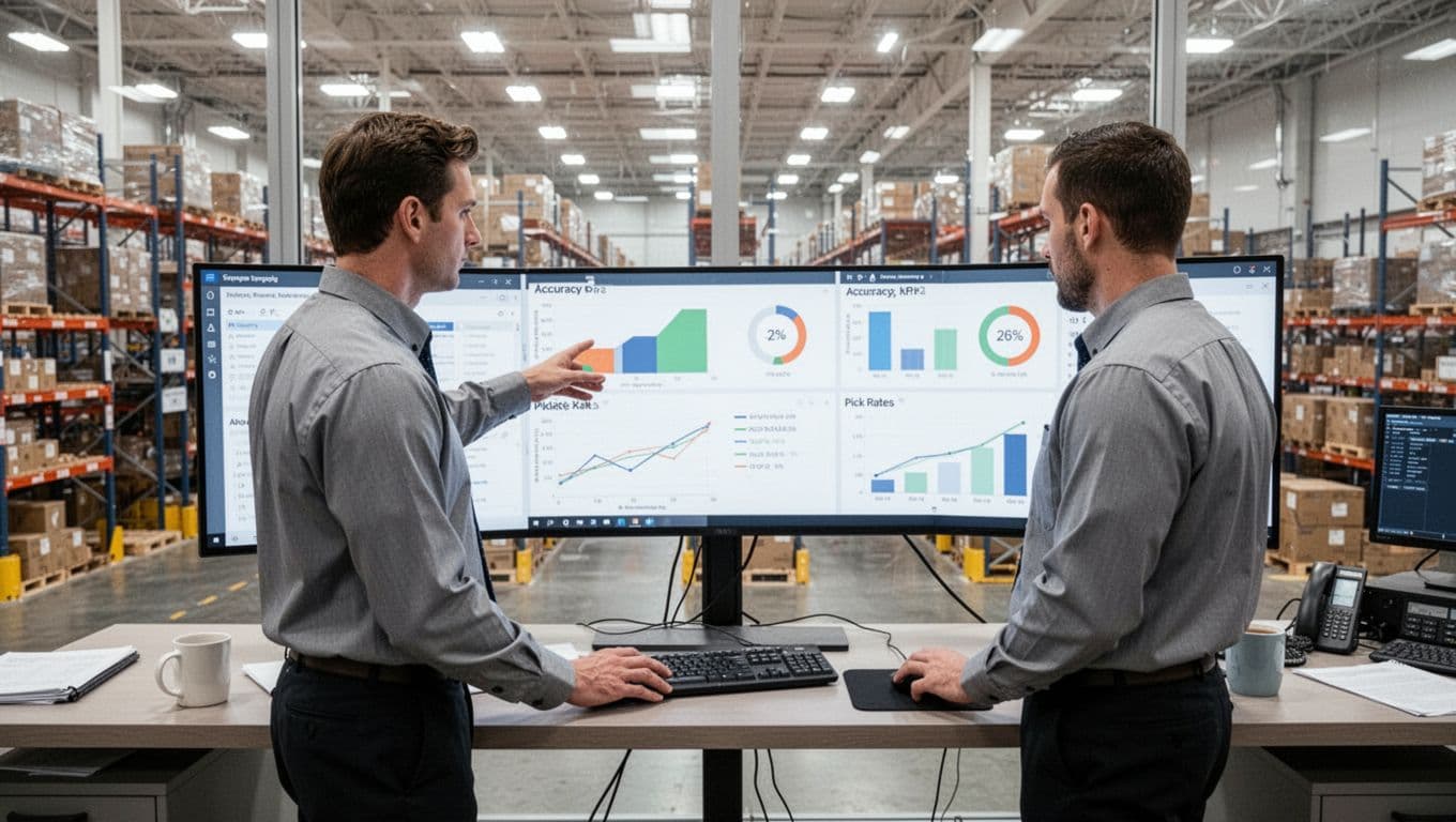 Photorealistic image of a single warehouse manager standing in a glass-walled 3PL control room overlooking the warehouse floor, reviewing simple inventory KPI charts like accuracy and pick rates on a large monitor, with keyboard, mouse, and coffee mug on the desk under bright lighting.