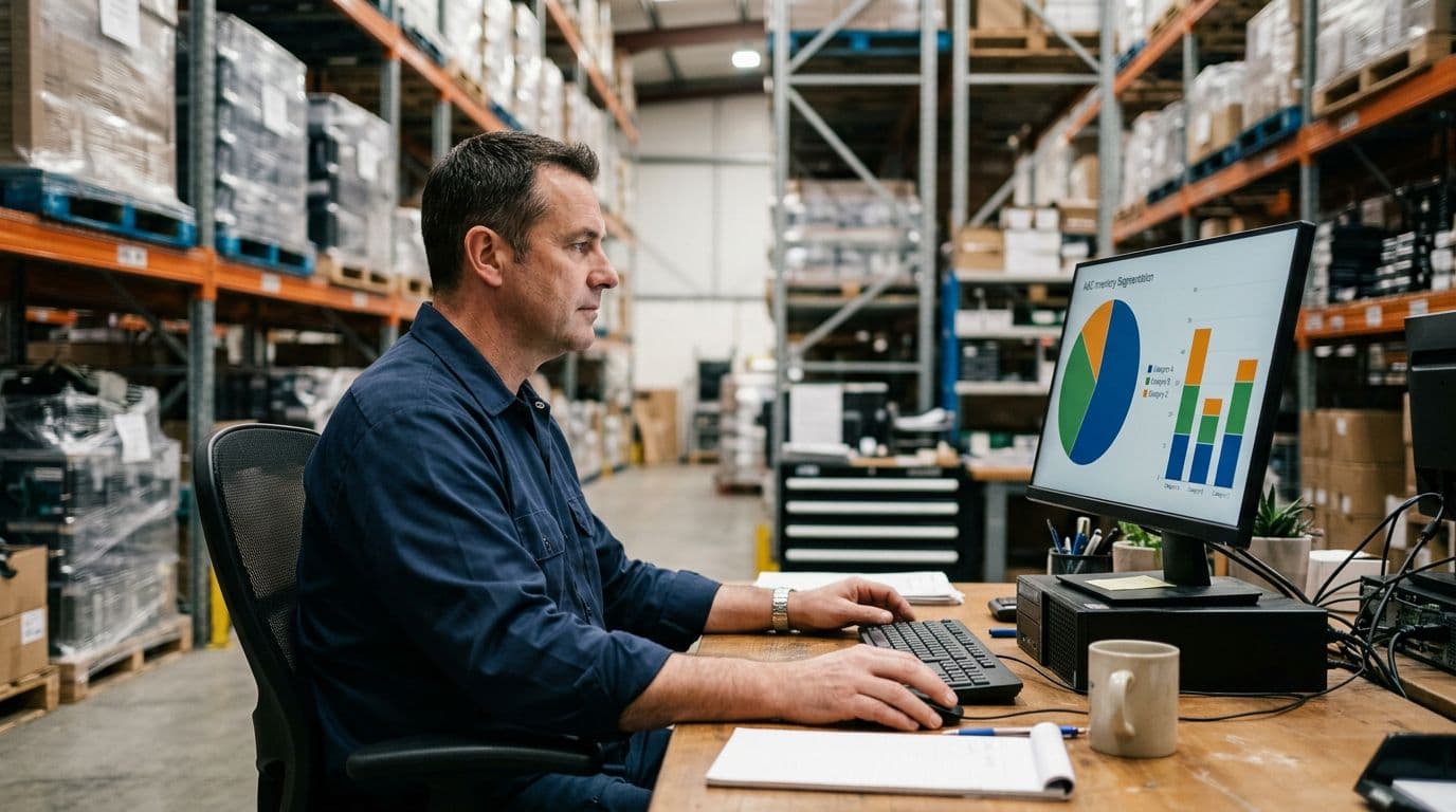 Photorealistic image of a warehouse manager at a desk focused on a computer screen angled to show ABC inventory segmentation with pie charts and bar graphs in colors for A, B, C categories, warehouse shelves with high-value items in soft lighting background.