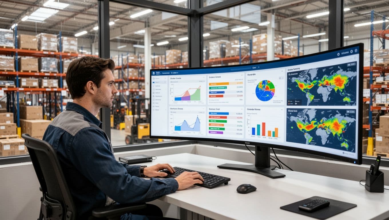 Warehouse manager sits at a desk in a modern control room overlooking busy warehouse floor through large window, focusing intently on large curved monitor displaying colorful dashboard with charts, graphs for inventory levels, order status, and activity heat maps.