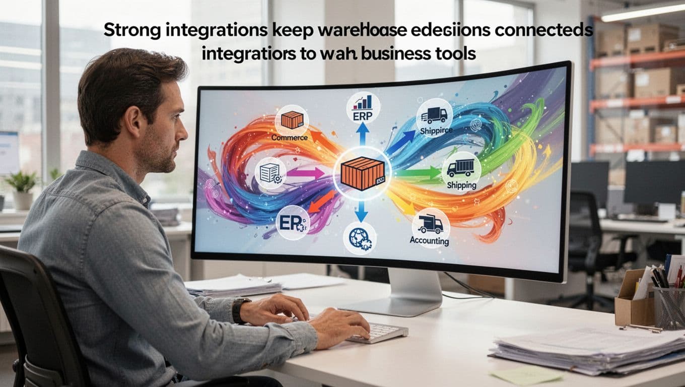 A warehouse manager in business casual attire sits at a desk in a brightly lit office, focused on a curved computer monitor displaying an abstract colorful flow diagram of warehouse hub connected to ecommerce, ERP, shipping, and accounting symbols.