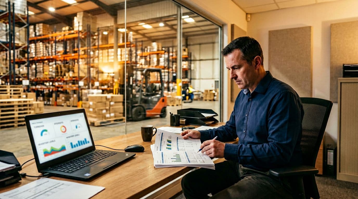 A warehouse manager in business casual sits at a desk in the control room adjacent to the warehouse, examining printed inventory reports and a laptop with blurred metric dashboards like turnover and stockouts. Warehouse activity is visible through the glass wall in this photorealistic image with warm lighting and focused composition.