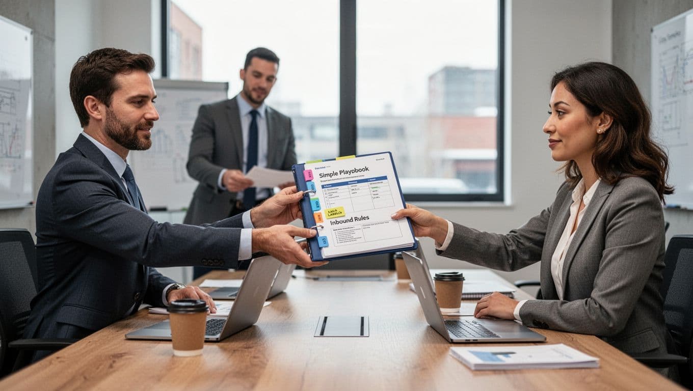 A warehouse operations manager hands a simple playbook binder with tabs for data templates, labels, and inbound rules to a client representative in a modern conference room.