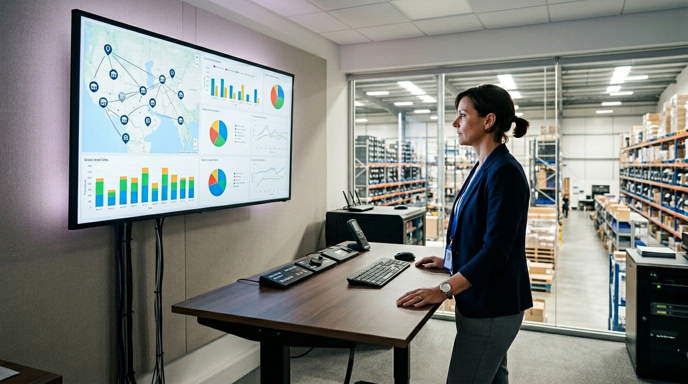 Photorealistic image of a warehouse manager in a modern control room standing at a large monitor displaying a centralized inventory dashboard with stock charts and multiple locations, warehouse shelves visible through a window.