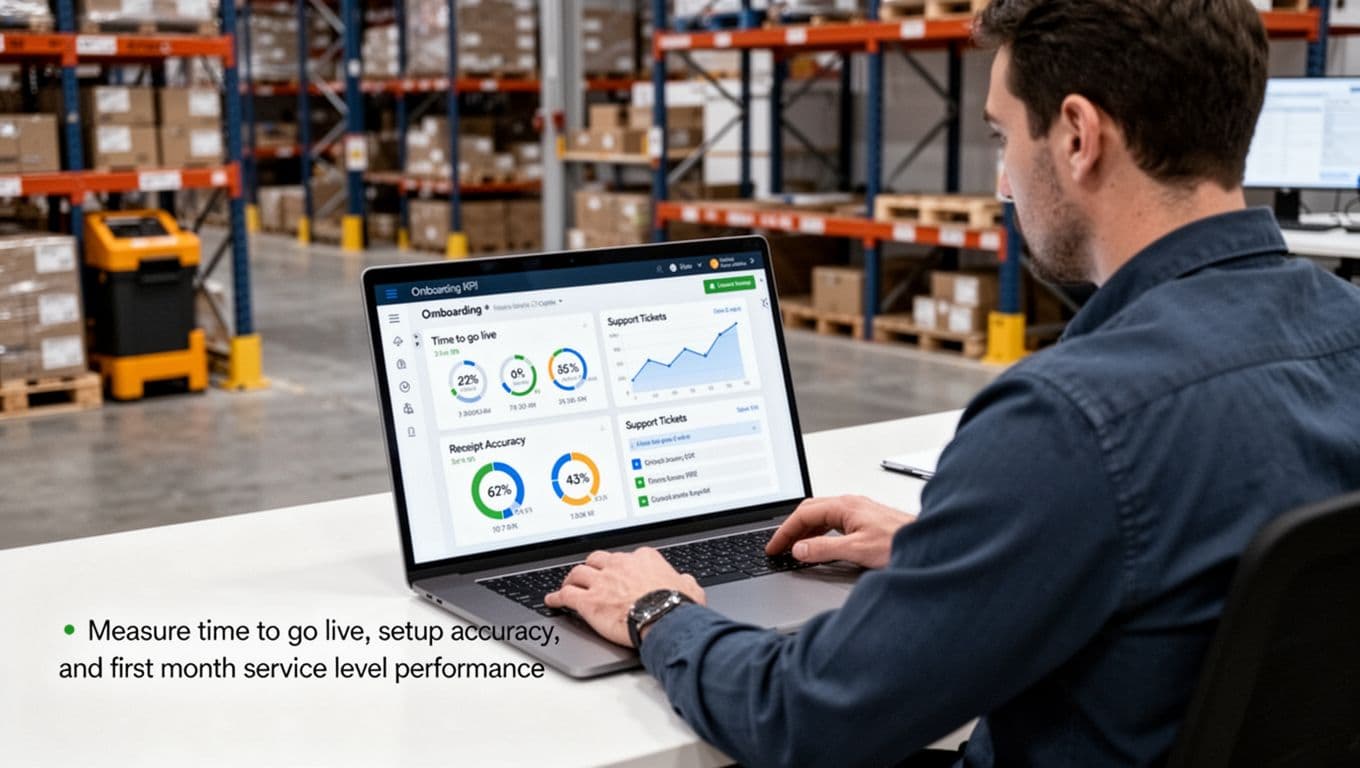 A warehouse operations manager in a modern office examines a laptop dashboard showing key onboarding KPIs including time to go live, receipt accuracy, and support tickets, with realistic photo style and natural lighting.