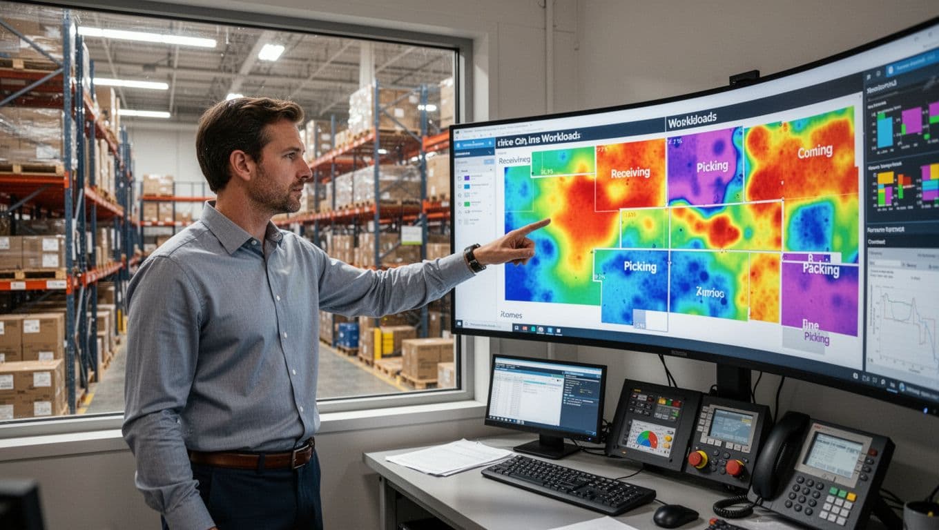 A warehouse manager in business casual attire stands in a brightly lit control room overlooking the warehouse floor, pointing at a large curved monitor displaying abstract colorful heatmaps of live workload data for receiving, picking, and packing zones with a focused expression.