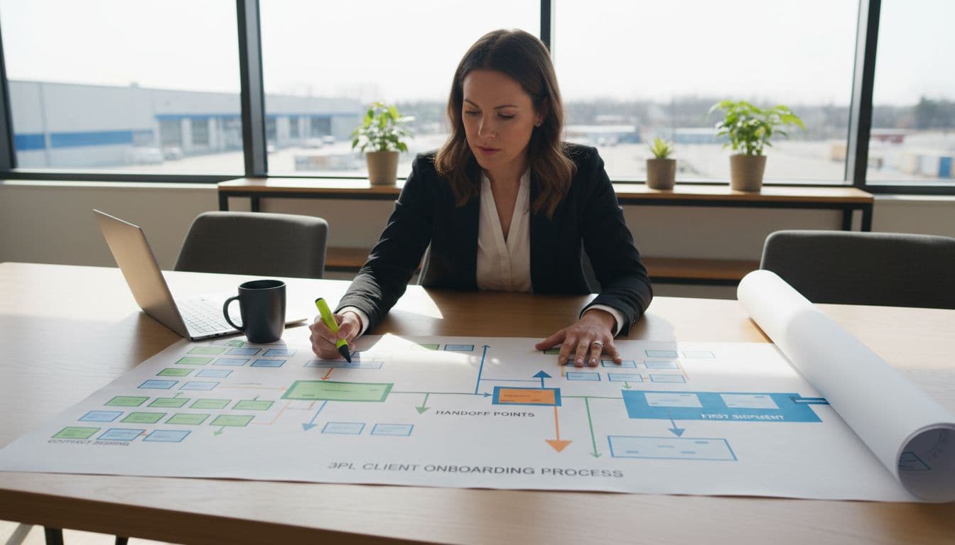 A warehouse operations manager in a modern office reviews a large printed flowchart detailing the 3PL client onboarding process from contract signing to first shipment, highlighting handoff points, with a laptop and coffee mug nearby.