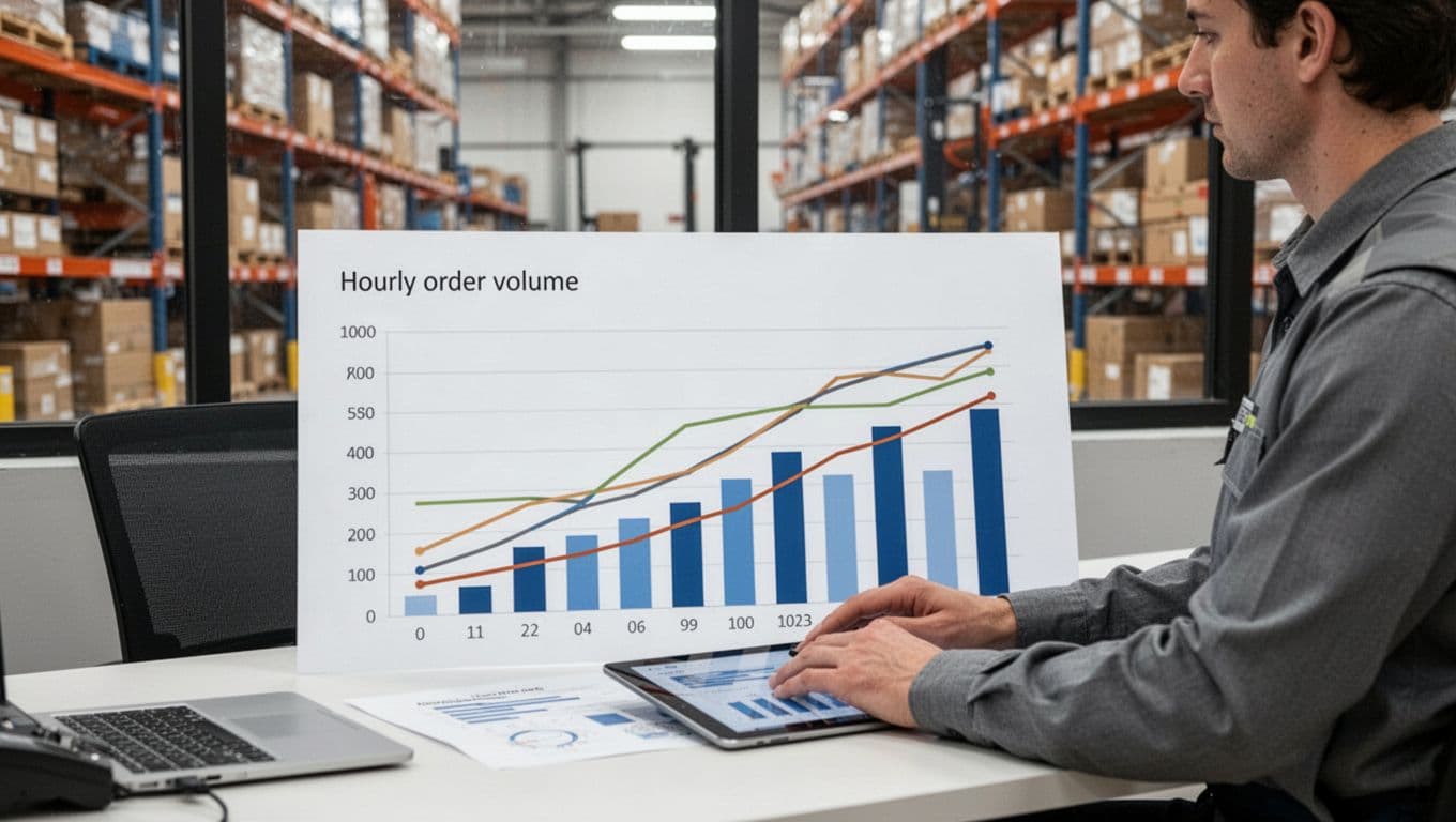A warehouse manager seated at a desk reviews a simple chart displaying hourly order volume bars overlaid with staffing level lines, in a modern office with warehouse shelves visible through the window under natural daylight.