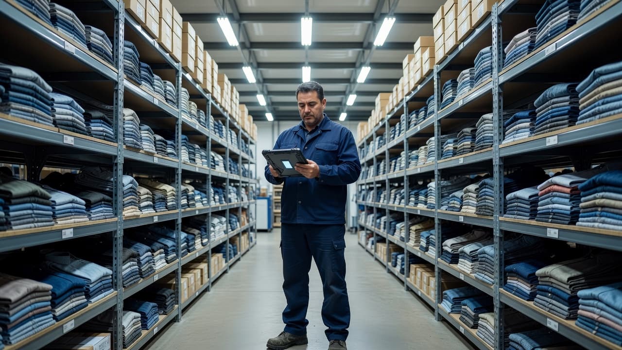 A warehouse manager in professional attire stands within an apparel storage aisle while intently studying data on a digital tablet. The clean facility features neatly organized shelving filled with packed garments.