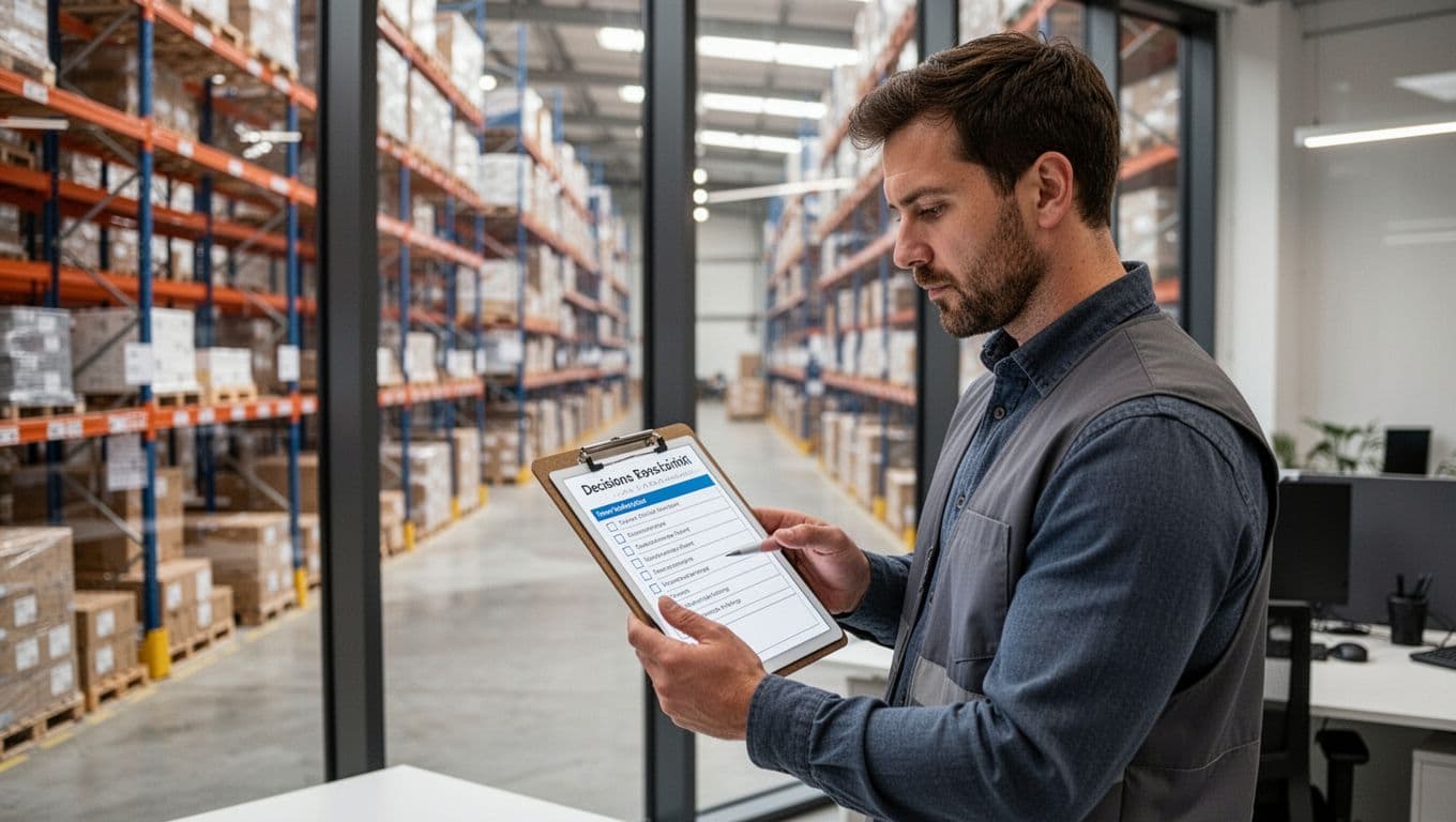 Photorealistic image of a warehouse manager in a modern office reviewing an inventory decision checklist on a clipboard and tablet, with warehouse aisles visible through a large window under natural daylight lighting.