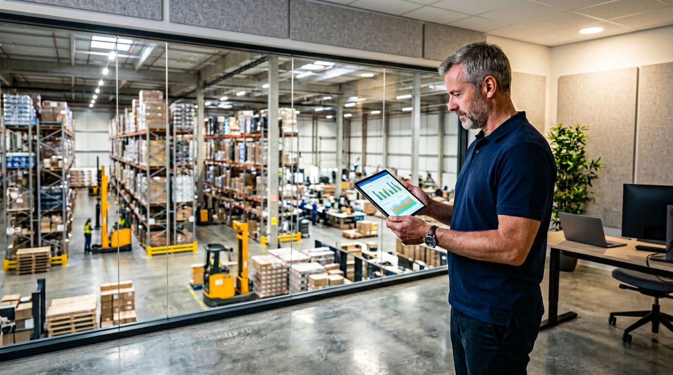 A single warehouse manager stands relaxed in a modern warehouse office, viewing a tablet displaying blurred charts of inventory levels across multiple locations. A large window reveals the active warehouse floor with shelves and workers in the background, under soft overhead lighting.