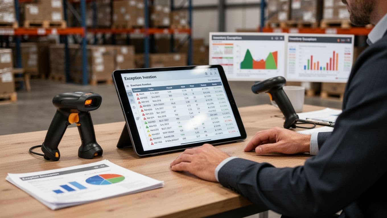 Photorealistic warehouse office desk featuring one manager reviewing an inventory exception report on a slightly angled and blurred tablet screen, with a handheld scanner nearby and charts displaying alerts under soft natural lighting.